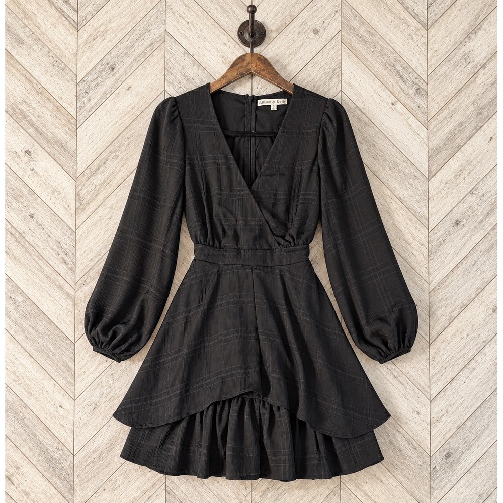 Allison & Kelly Black Plaid Wrap Mini Dress Long Sleeve Ruffle Hem Size S